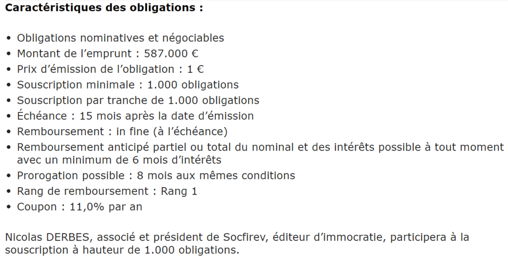 exemple d'information sur une opération de crowdfunding immobilier chez Immocratie